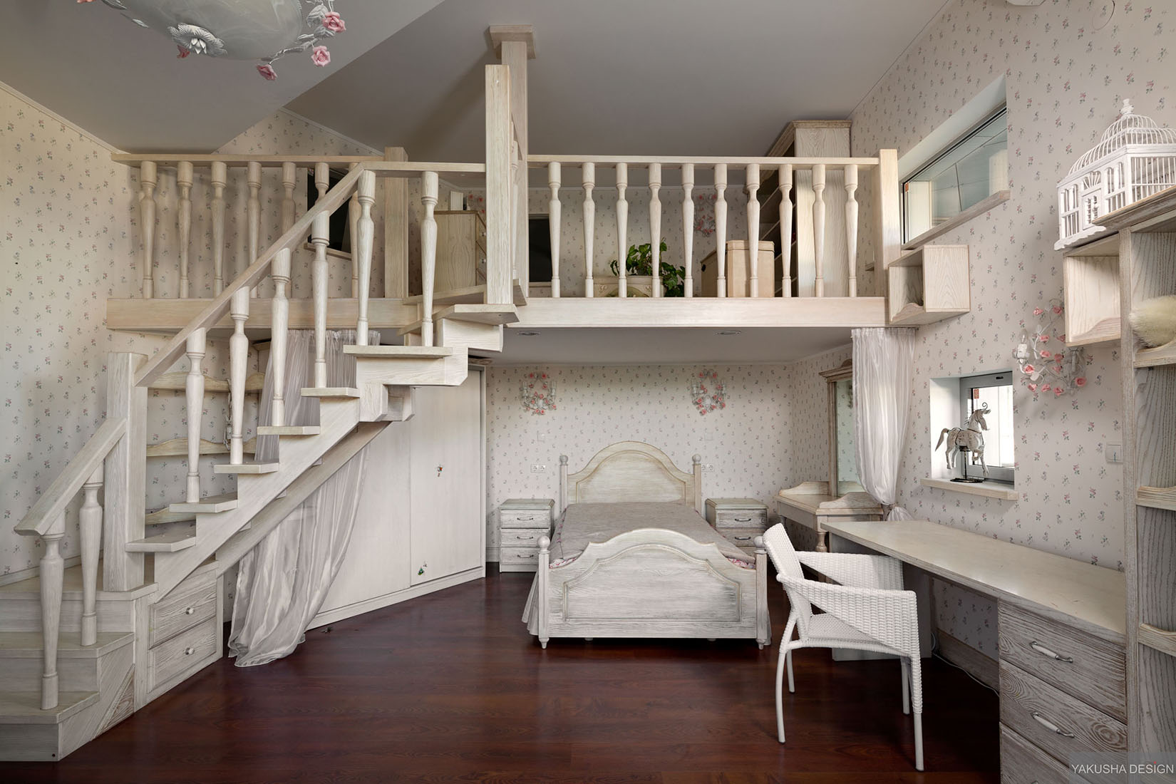 dreamy-floral-and-white-bedroom-with-mezzanine-and-homework-space